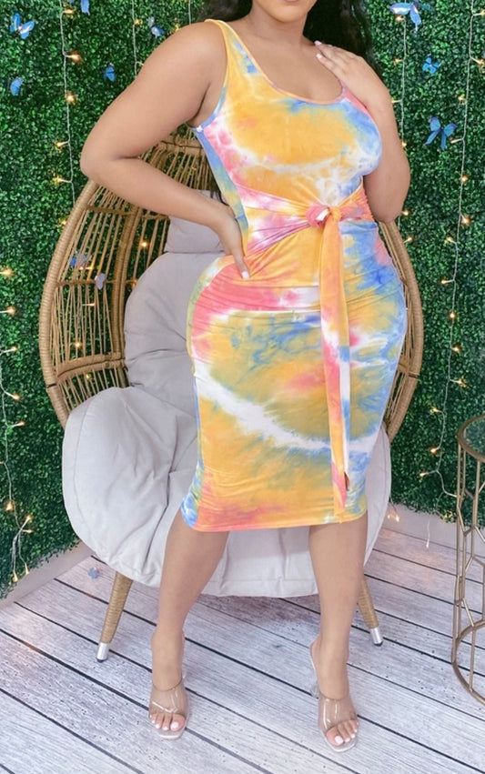 Fitted Tie Up Waist Tie-Dye Dress